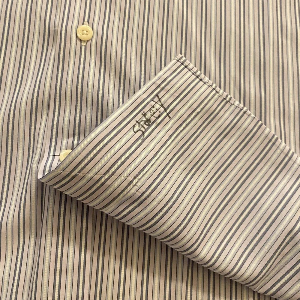 David Donahue Shirt Mens Large Blue White Pink Stripe Trim Fit Dress Monogrammed - Picture 9 of 12